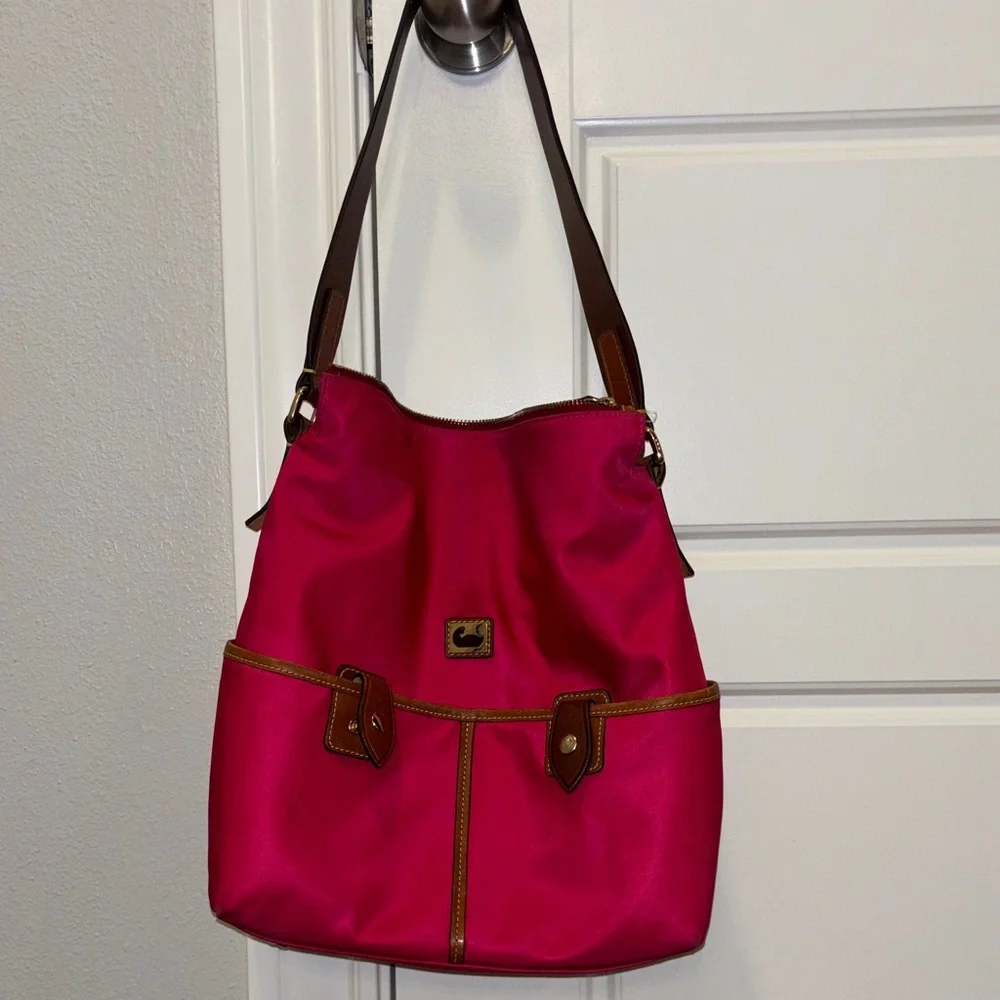 Dooney & Bourke Women’s Pink Shoulder Tote Bag with Brown Leather Trim - Picture 1 of 12